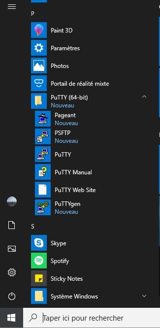 Capture d'écran du menu Windows avec PuTTY