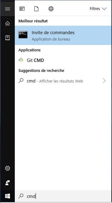 Capture d'écran du menu Windows avec l'invite de commandes