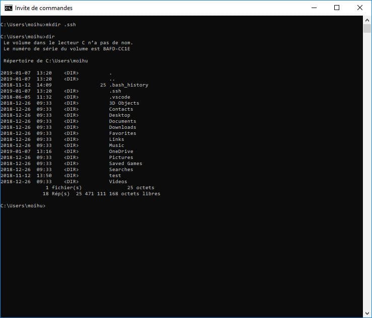 Capture d'écran de l'invite de commande Windows pour la création du dossier .ssh