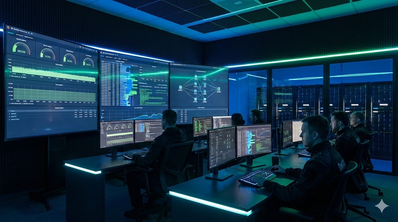 Centre de surveillance avec tableaux de bord affichant l'état des serveurs et du réseau